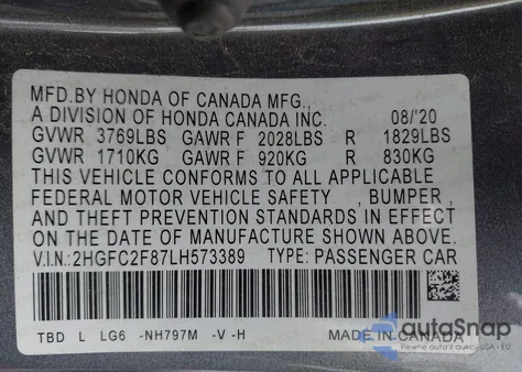 2020 Honda Civic Sport из США, поврежденный, VIN 2HGFC2F87LH573389